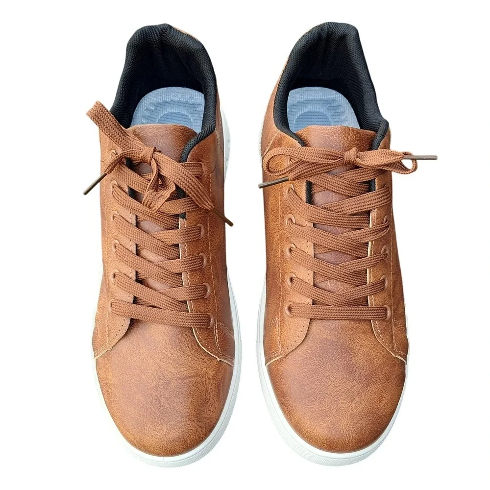 Mañalun Mens‎ Brown Faux Leather Low Top Sneakers Lace Up Casual Shoes EU46